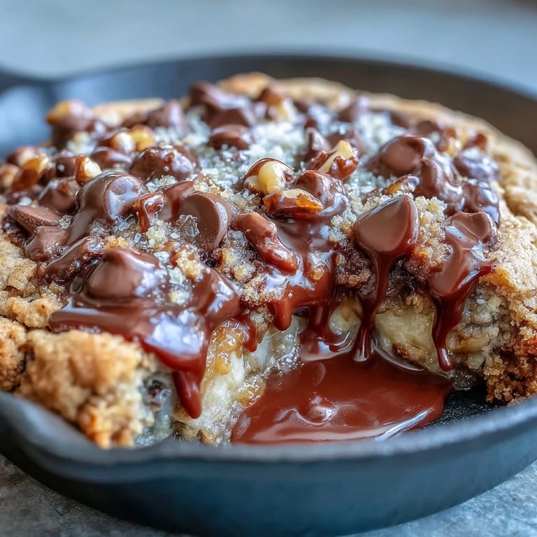 Cast-iron baked Chunky Monkey oatmeal cookie with mashed bananas, chocolate chips, and coconut, served warm straight from the skillet.
