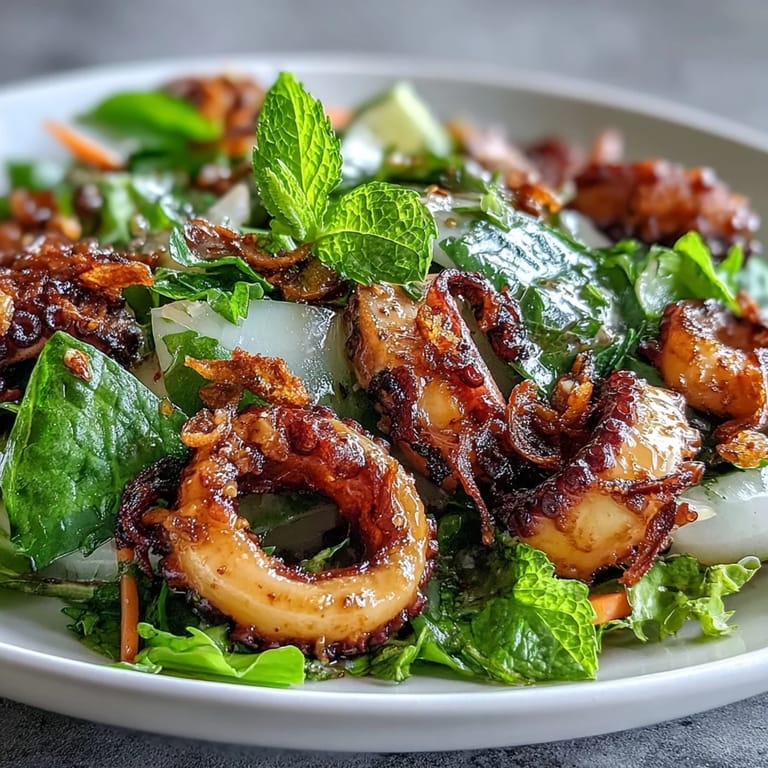 Fresh squid salad bursting with lime, chilli, and mint, topped with crispy shallots for a satisfying crunch in every bite.