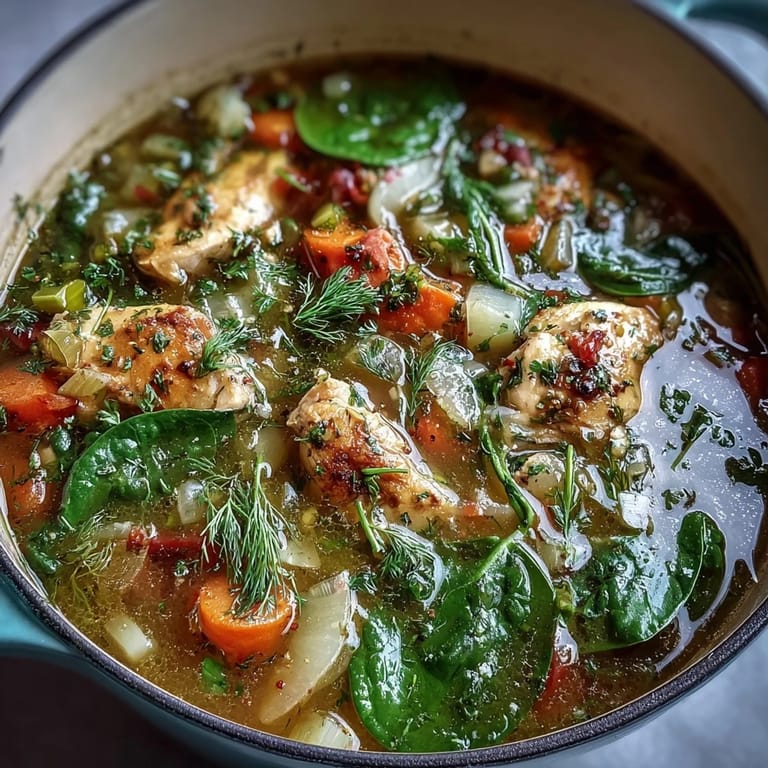 Light and refreshing one-pot chicken and veggie detox soup with lemon and herbs, featuring tender chicken, zucchini, and bright spinach.