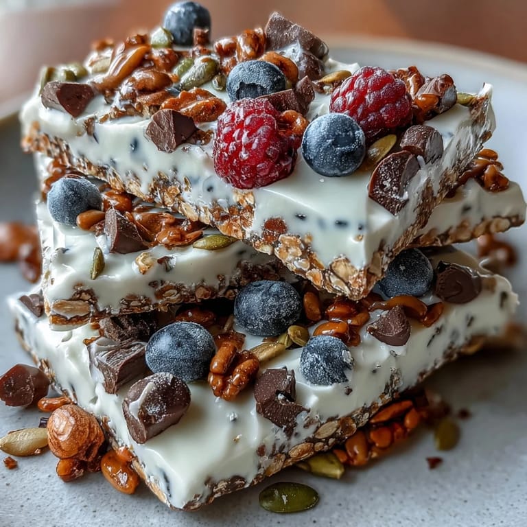 High-protein yogurt bark layered with mixed berries, pumpkin seeds, and coconut, perfect for a healthy grab-and-go breakfast.