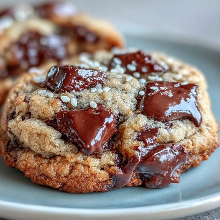 Tahini-chocolate chip cookies with soft centers and nutty flavor, perfect with coffee or tea.