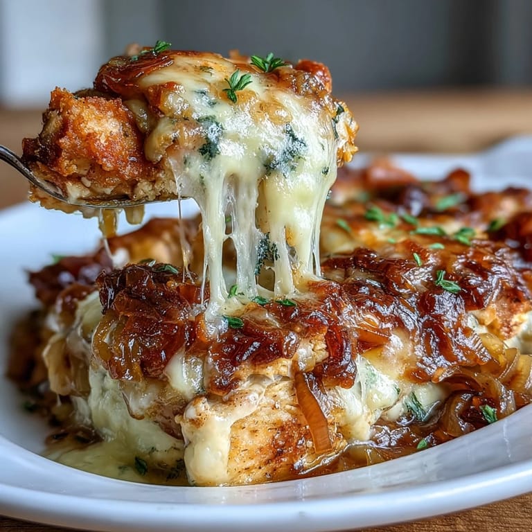 Comforting French Onion Chicken Bake topped with bubbling Gruyere cheese and tender caramelized onions.