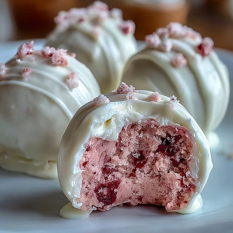 Handcrafted pink velvet cake pops with tangy cream cheese frosting, enrobed in silky white chocolate and perfect for Galentines Day parties.