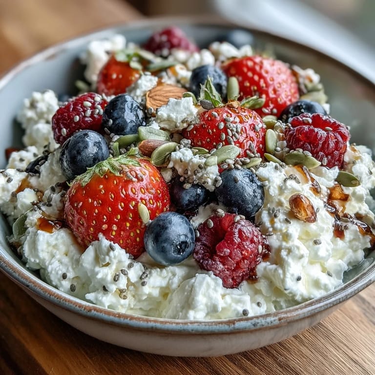 Creamy cottage cheese paired with juicy berries and a medley of chia, flax, and pumpkin seeds for a nourishing morning meal.  