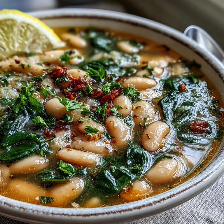 Rustic Italian white bean and spinach soup featuring hearty cannellini beans, fresh spinach, and fragrant rosemary.  