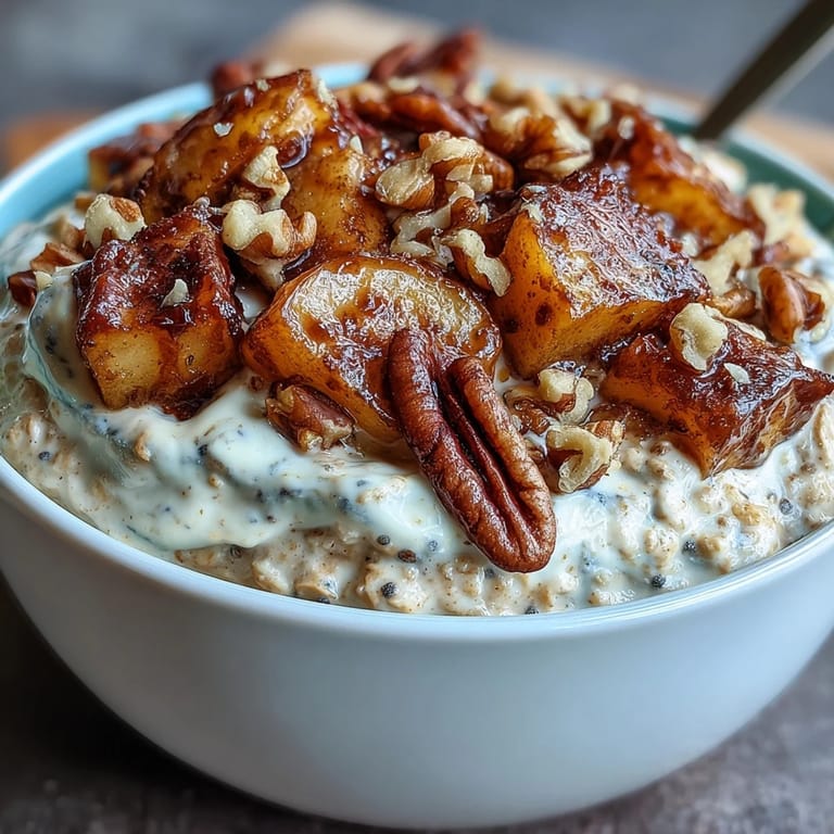A jar of overnight oats topped with caramelized cinnamon apples and chopped walnuts, perfect for a make-ahead morning meal.  