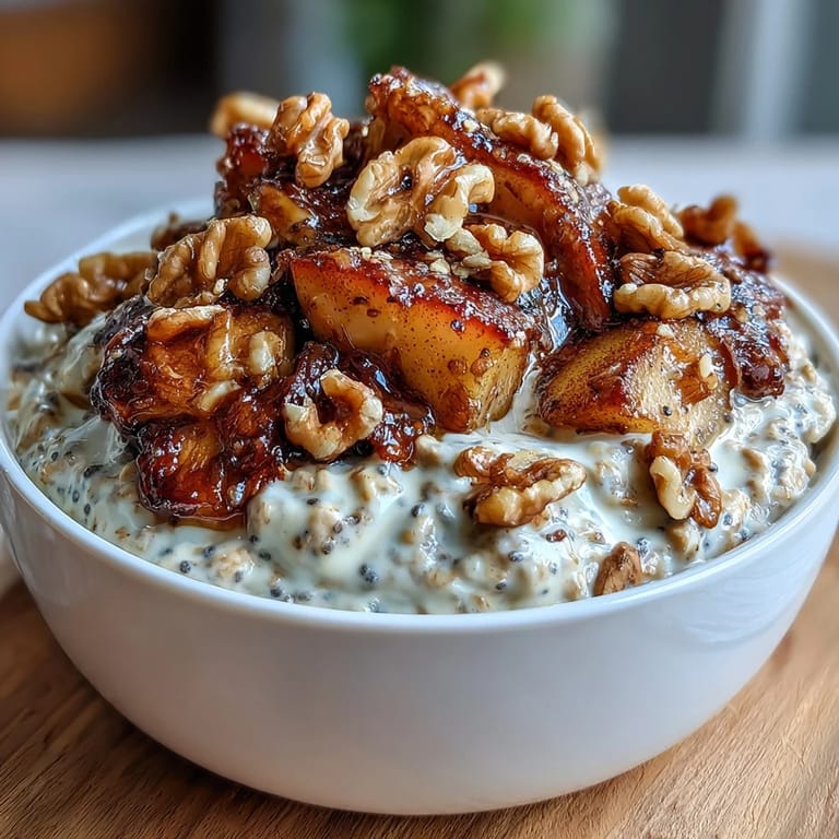 Wholesome overnight oats with layers of maple-sweetened cinnamon apples and crunchy walnuts, ideal for a satisfying vegetarian breakfast.