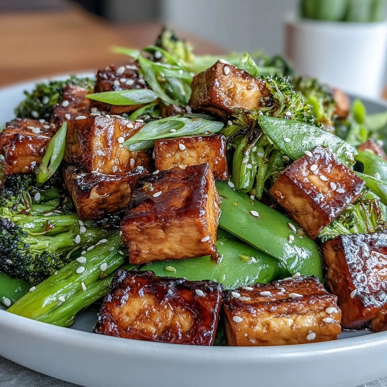 Asian-inspired teriyaki tofu stir-fry featuring tender broccoli, snap peas, and a rich, flavorful sauce.