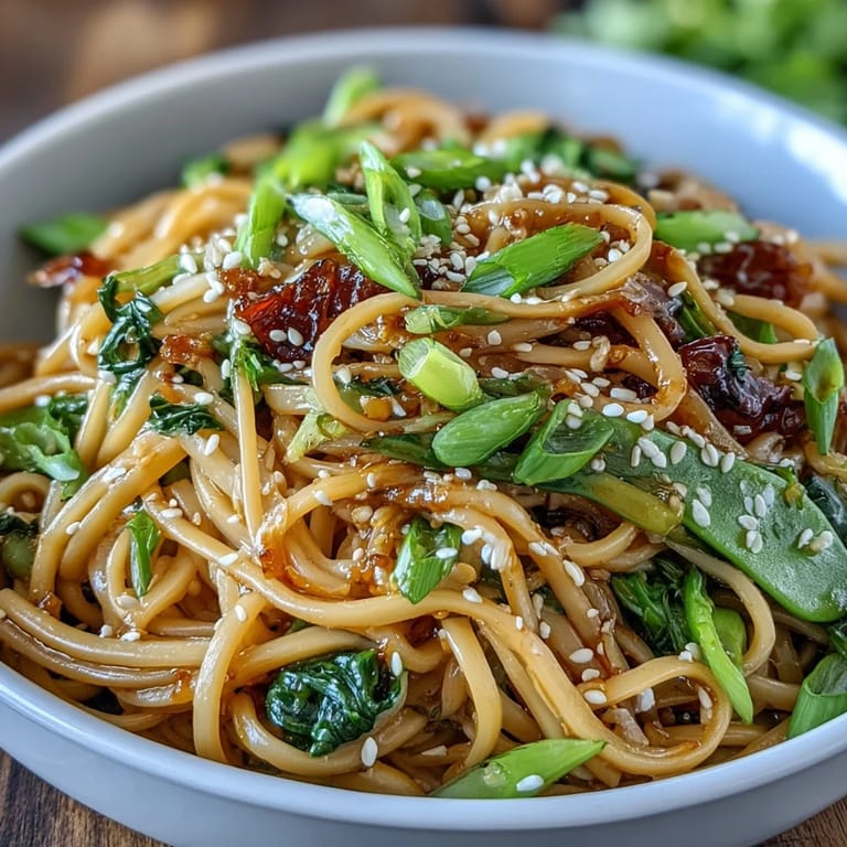 Savory ginger-scallion noodles with tender sautéed greens, combining aromatic flavors and vibrant colors for a satisfying vegetarian dish.