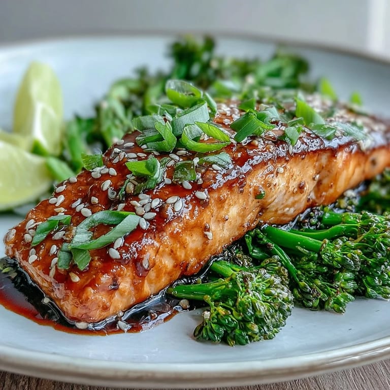 Easy honey soy glazed salmon paired with tender broccoli, garnished with sesame seeds and green onions for extra flavor.