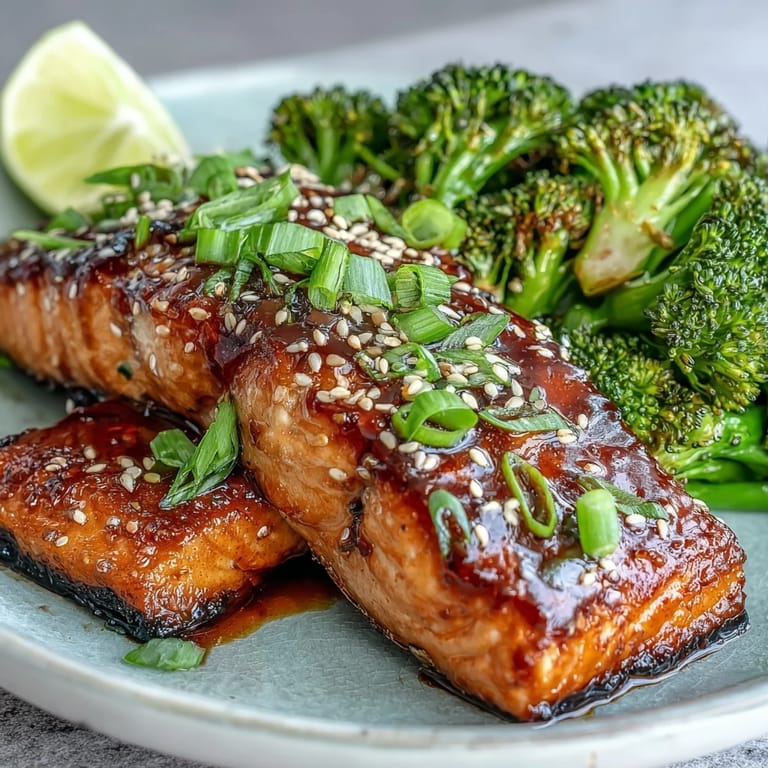Golden-brown salmon fillets drizzled with sweet and savory honey-soy glaze, served over vibrant sesame-tossed broccoli.  