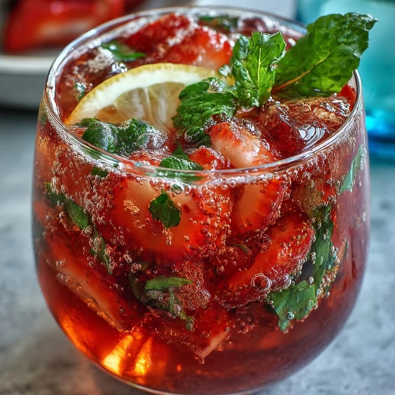 A refreshing non-alcoholic cocktail featuring muddled strawberries, citrus, and chilled sparkling water, perfect for spring celebrations.  