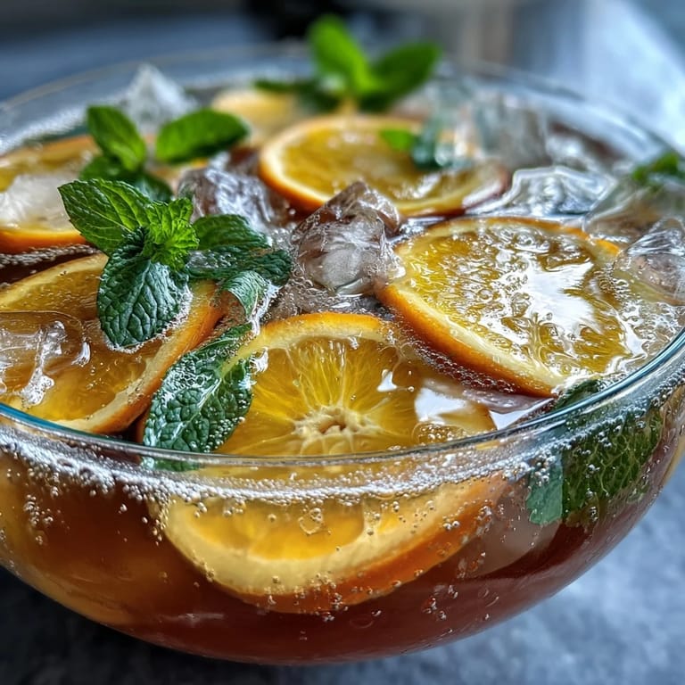 Effervescent Sparkling Citrus Punch with orange and lemon slices, served over ice with a splash of sparkling lemonade.