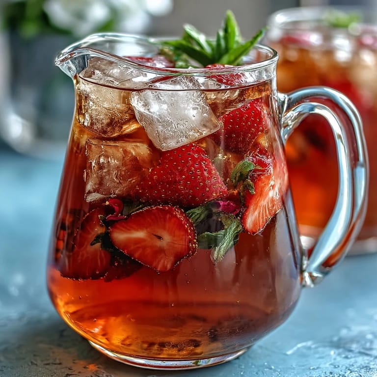 A close-up of a refreshing Strawberry Rose Lemonade with ice and fruit garnishes.