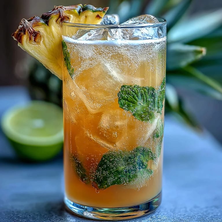 Vibrant non-alcoholic beverage blending sweet pineapple and zesty ginger, served over ice with tropical garnishes.  