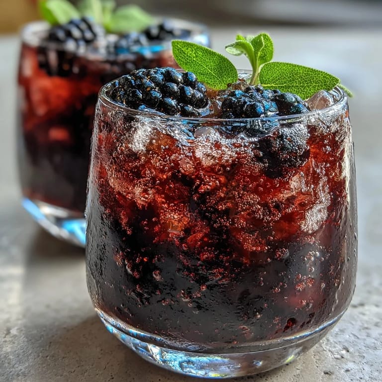 Two glasses of Blackberry Sage Mocktail with crushed ice, showcasing deep purple hues and bright citrus notes for a cooling drink.