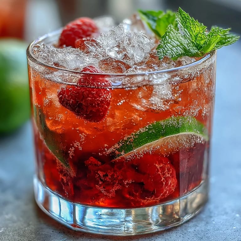 Refreshing Raspberry Lime Spritz mocktail featuring fresh berries, zesty lime, and mint in elegant stemware.
