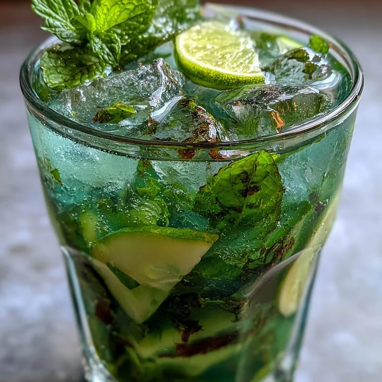 A crisp green virgin mojito featuring muddled cucumber, zesty lime, and aromatic mint leaves for a refreshing summer drink.