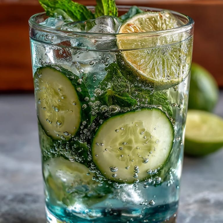 Chilled cucumber mint sparkling water refresher served over ice with vibrant green cucumber slices and aromatic mint leaves.