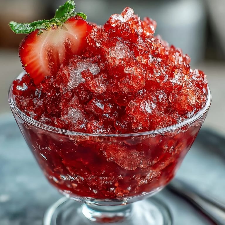 Refreshing boozy granita blending sweet strawberries and lime zest, scooped into cups for a bright, icy summer treat.