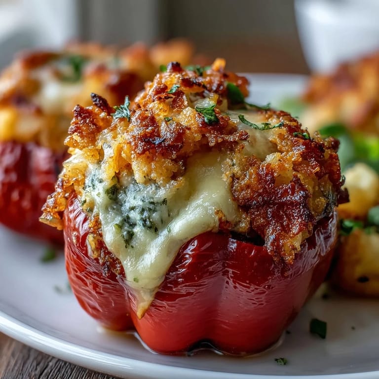 Cheesy funeral potato filling baked inside sweet bell peppers, finished with a golden, crispy cornflake topping for an irresistible dinner.