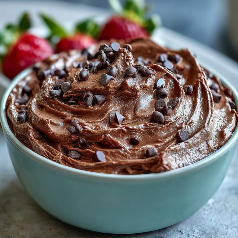 Velvety cottage cheese brownie batter dip garnished with chocolate chips, paired with a vibrant assortment of seasonal fruit dippers.
