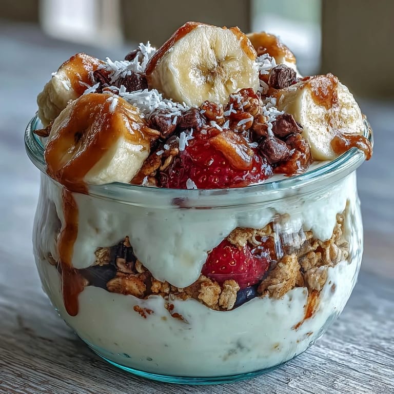 Wholesome banana split breakfast jar with Greek yogurt, ripe banana, strawberries, blueberries, and a sprinkle of chocolate chips.