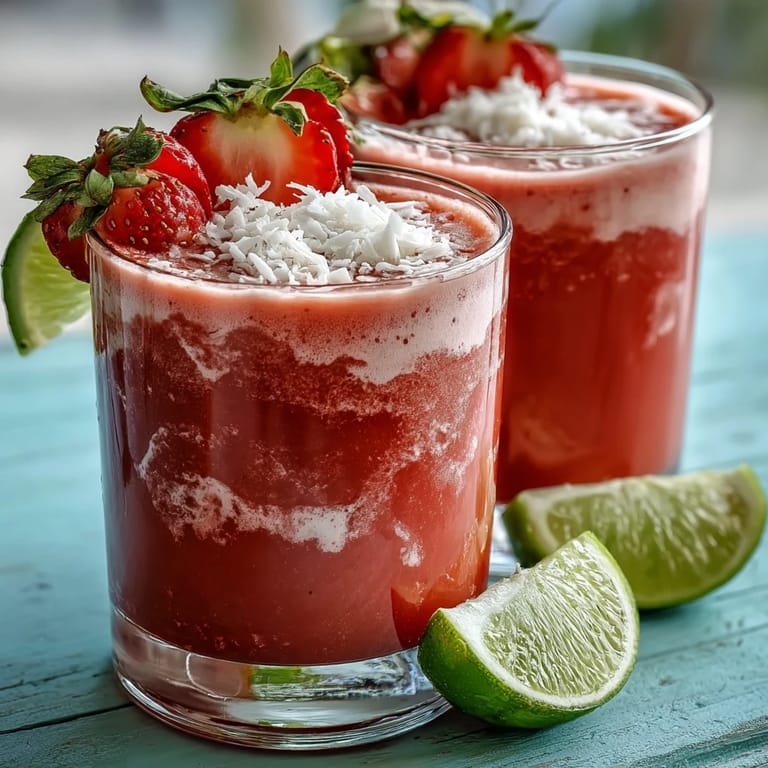 Delicious vegan strawberry coconut smoothie topped with lime wedges and coconut flakes, perfect for a refreshing summer drink.