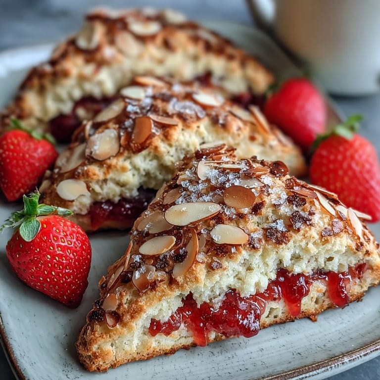 Tender scones bursting with fresh strawberry chunks and fragrant brown butter, finished with a sprinkle of toasted almonds for a nutty crunch.  