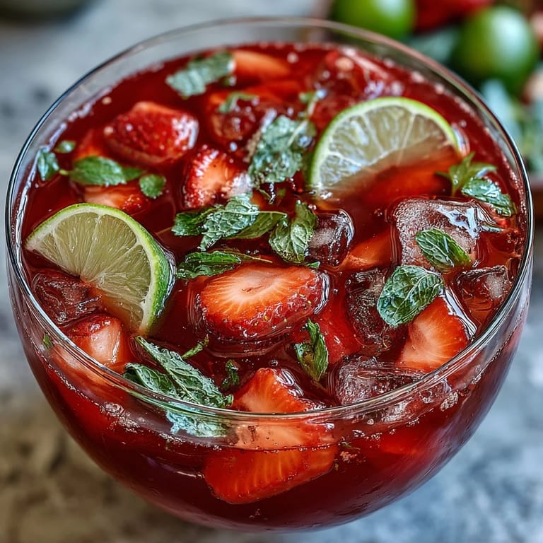 A large bowl brimming with strawberry daiquiri punch, featuring fresh fruit, rum, and club soda for a festive, refreshing drink.