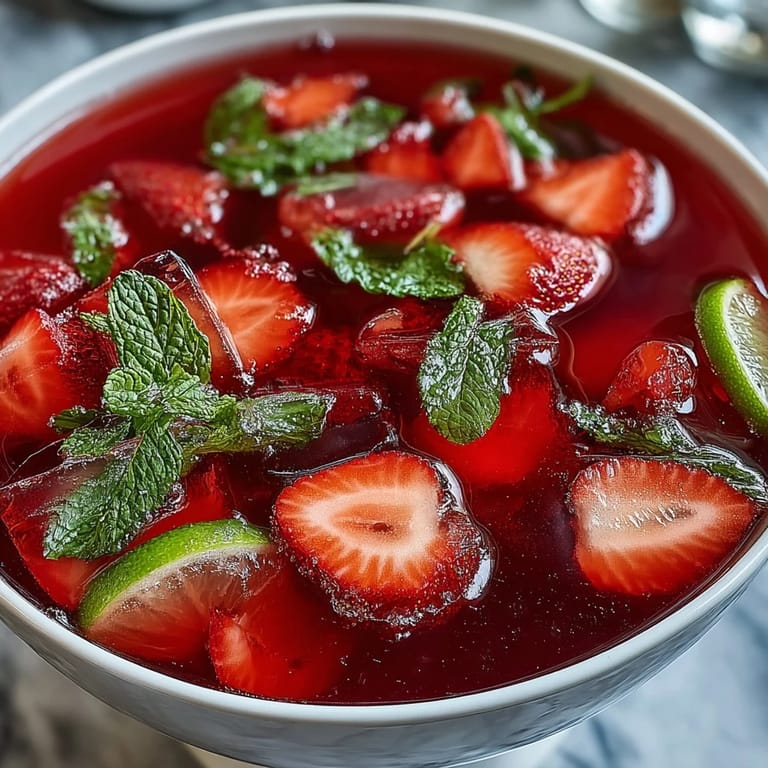 An inviting strawberry daiquiri punch bowl garnished with mint and lime wheels, perfect for spring celebrations and gatherings.
