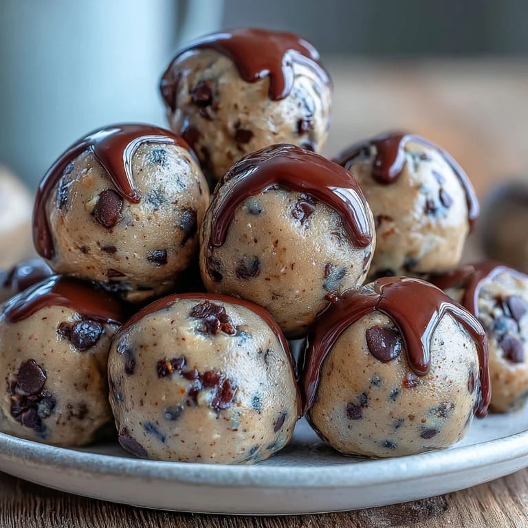 No-bake cookie dough protein bites with mini chocolate chips, perfect for a quick energy boost.  