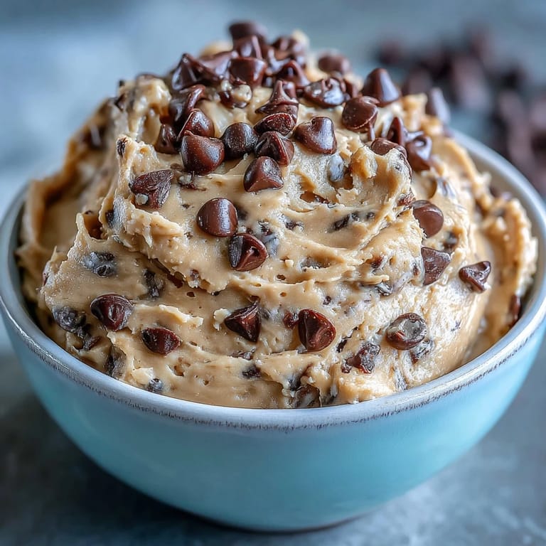 Rich, creamy edible protein cookie dough studded with mini chocolate chips, ready to enjoy straight from the bowl.  