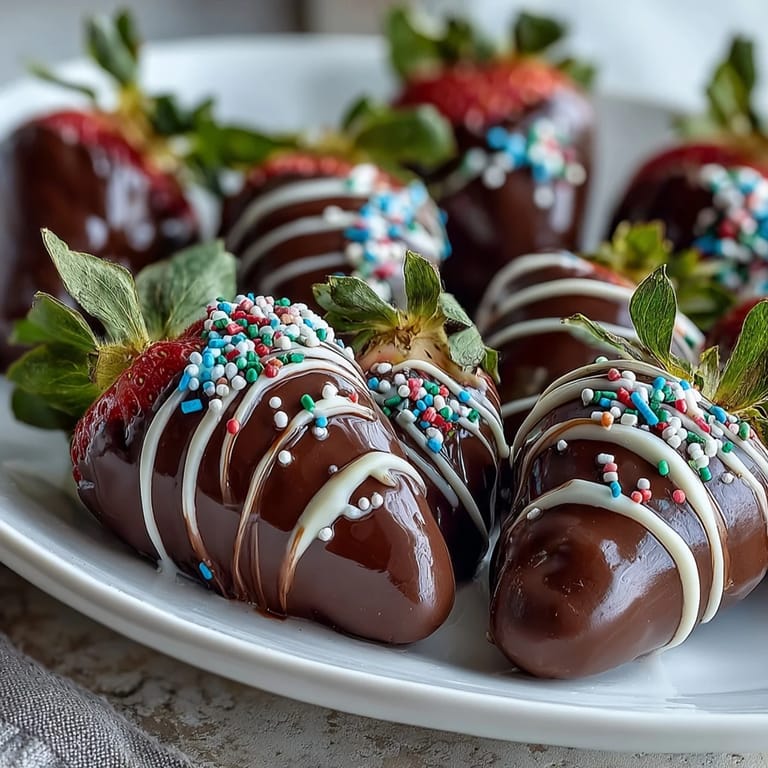 Elegant chocolate-covered strawberries decorated with vibrant sprinkles, perfect for Easter brunch or springtime celebrations.  
