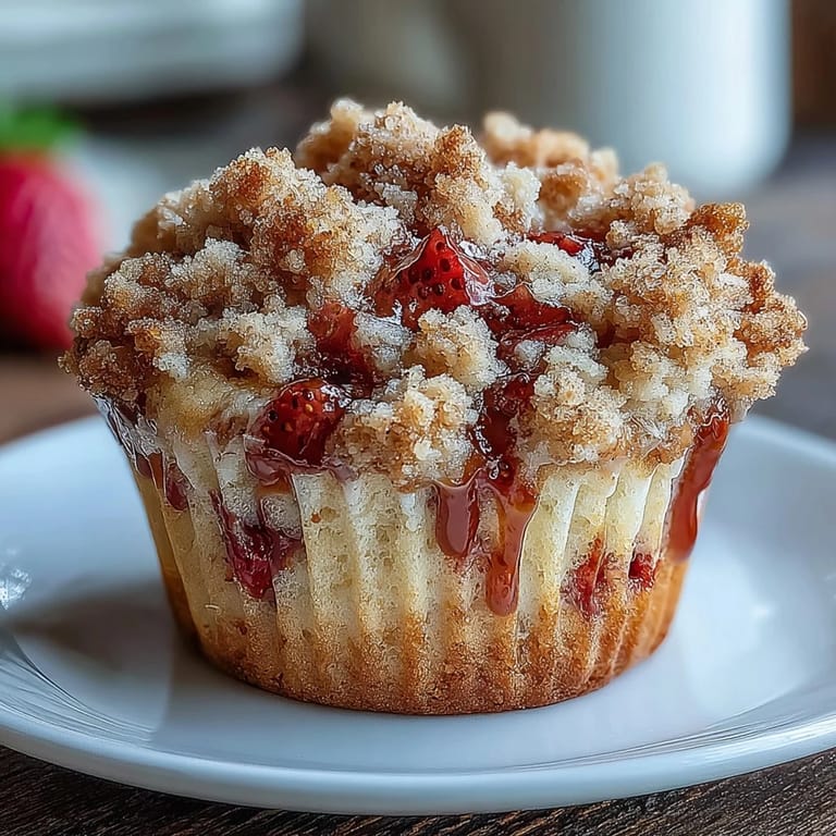 Warm strawberry muffins topped with crisp, buttery crumble, perfect for a comforting breakfast or afternoon treat.