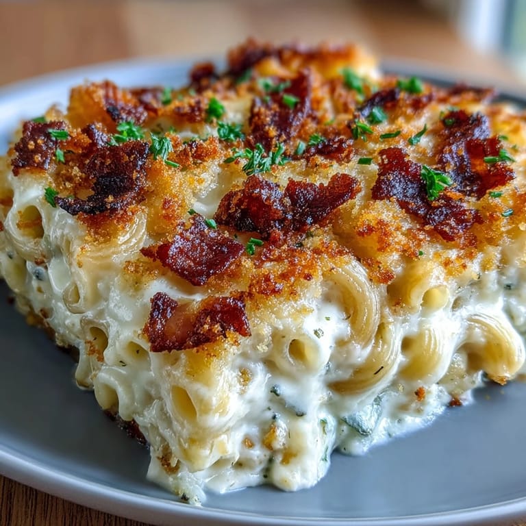 Creamy macaroni and cheese topped with crunchy bacon breadcrumbs, baked until bubbling and golden for ultimate comfort food indulgence.