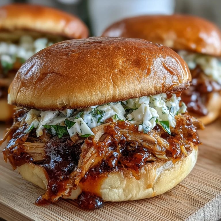 Slow-cooked tender pork piled high on soft slider buns, topped with creamy coleslaw for a crowd-pleasing appetizer.  