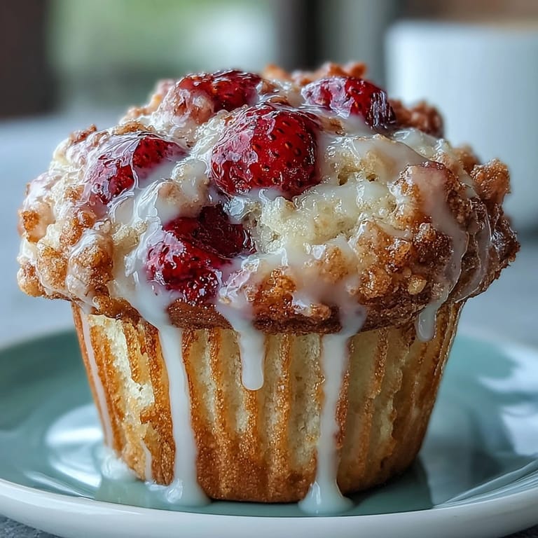 Moist strawberry muffins bursting with fresh berries, finished with a zesty lemon glaze for added flavor.