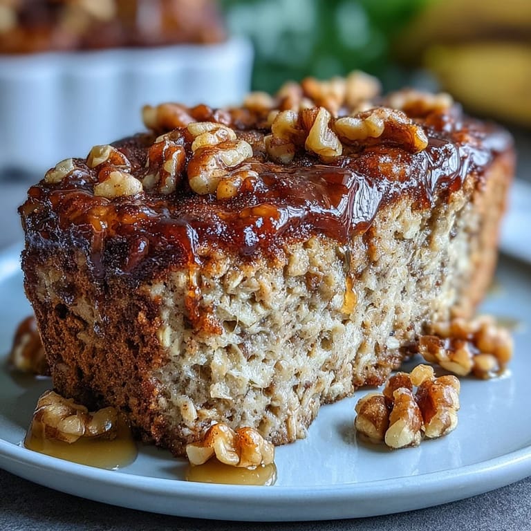 Moist and naturally sweet high-protein banana bread baked oats topped with chopped walnuts for added crunch and nutrition.  
