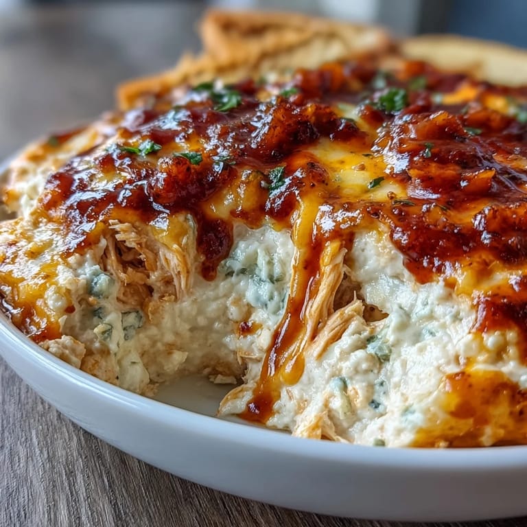 High-protein cottage cheese buffalo chicken dip topped with cheddar and mozzarella, garnished with green onions for a flavorful appetizer.