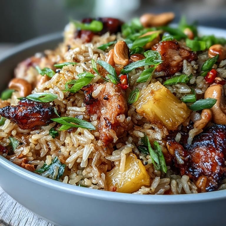 Sweet and savory pineapple chicken fried rice featuring tender chicken, crisp vegetables, golden pineapple, and roasted cashews for a satisfying meal.