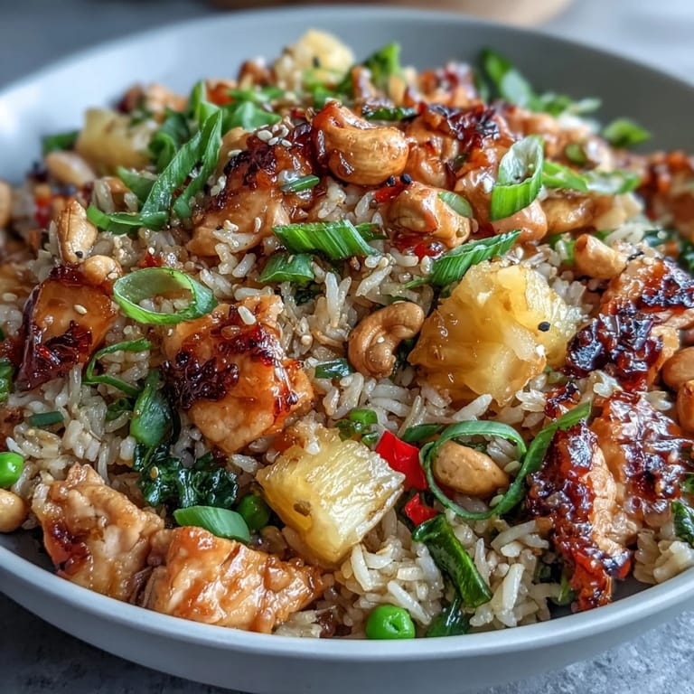 Aromatic pineapple chicken fried rice with tender chicken, fresh pineapple, crunchy cashews, and vibrant vegetables, perfect for a quick dinner.