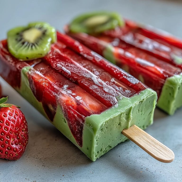 Refreshing strawberry and matcha latte popsicles, a delightful fusion of fruity and creamy flavors in every bite.
