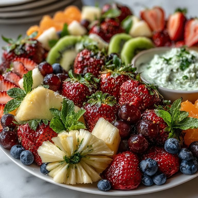 Fresh fruit arranged as a floral centerpiece featuring melon balls, pineapple flowers, and green grapes, paired with tangy lemon-honey yogurt dip.