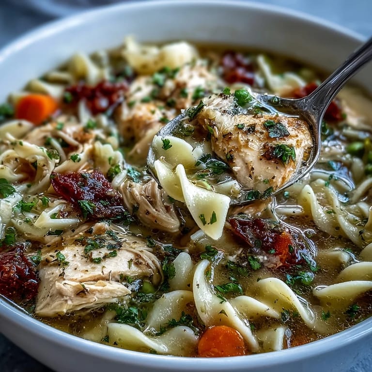 Comforting Chicken Run One-Pot Chicken Noodle Soup, brimming with fresh vegetables, juicy chicken, and egg noodles in a rich, homemade broth.  