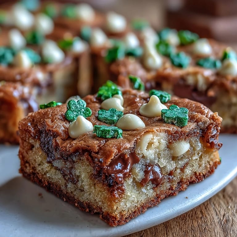 Festive Lucky Clover St. Patricks Day Cookie Bars decorated with green candies and chocolate chips for a lucky treat.