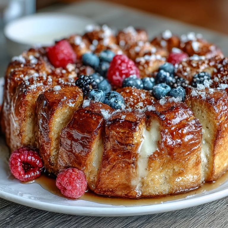 Decadent croissant French toast bake with mixed berries, baked to golden perfection and dusted with powdered sugar.