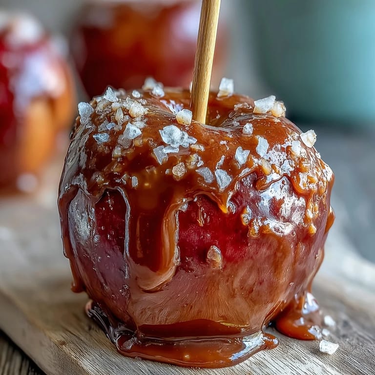 Rich, buttery caramel apples finished with sea salt crystals, perfect for autumn gatherings and holiday celebrations.