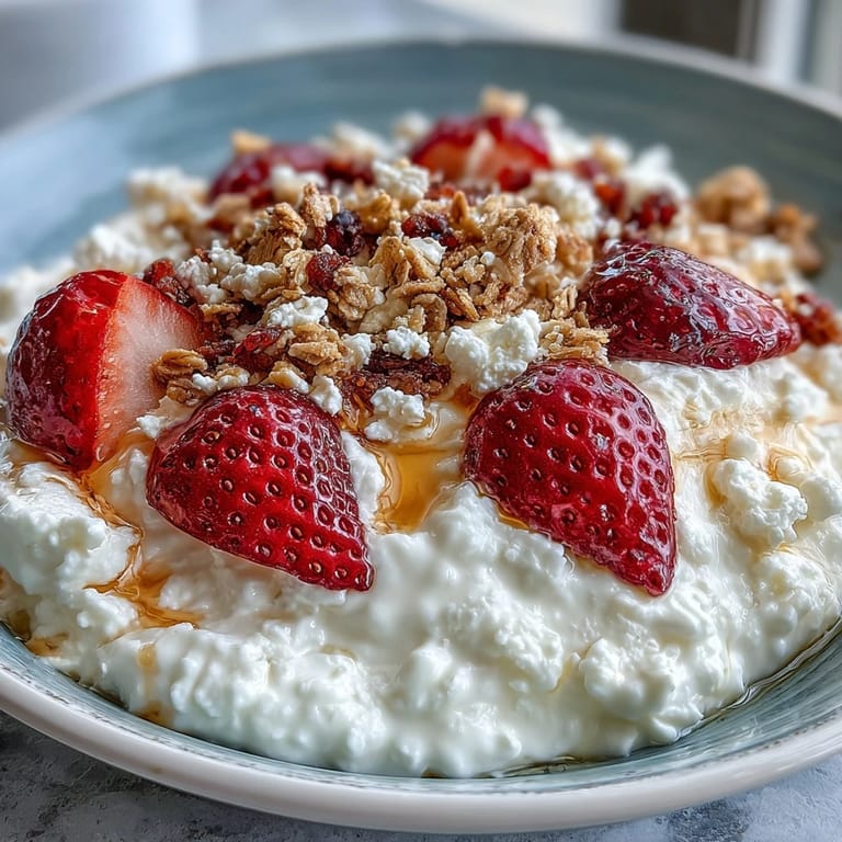 Creamy cottage cheese paired with fresh strawberries and golden granola, drizzled with honey for a satisfying vegetarian breakfast.
