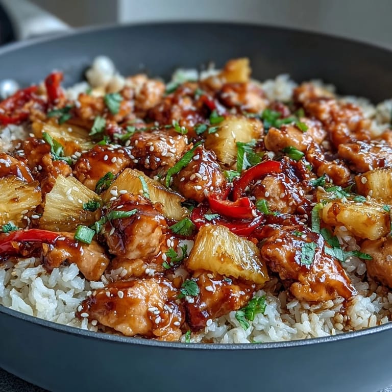 Juicy pineapple chunks, vibrant bell peppers, and seasoned chicken breast over fluffy rice in a sweet-savory skillet meal.